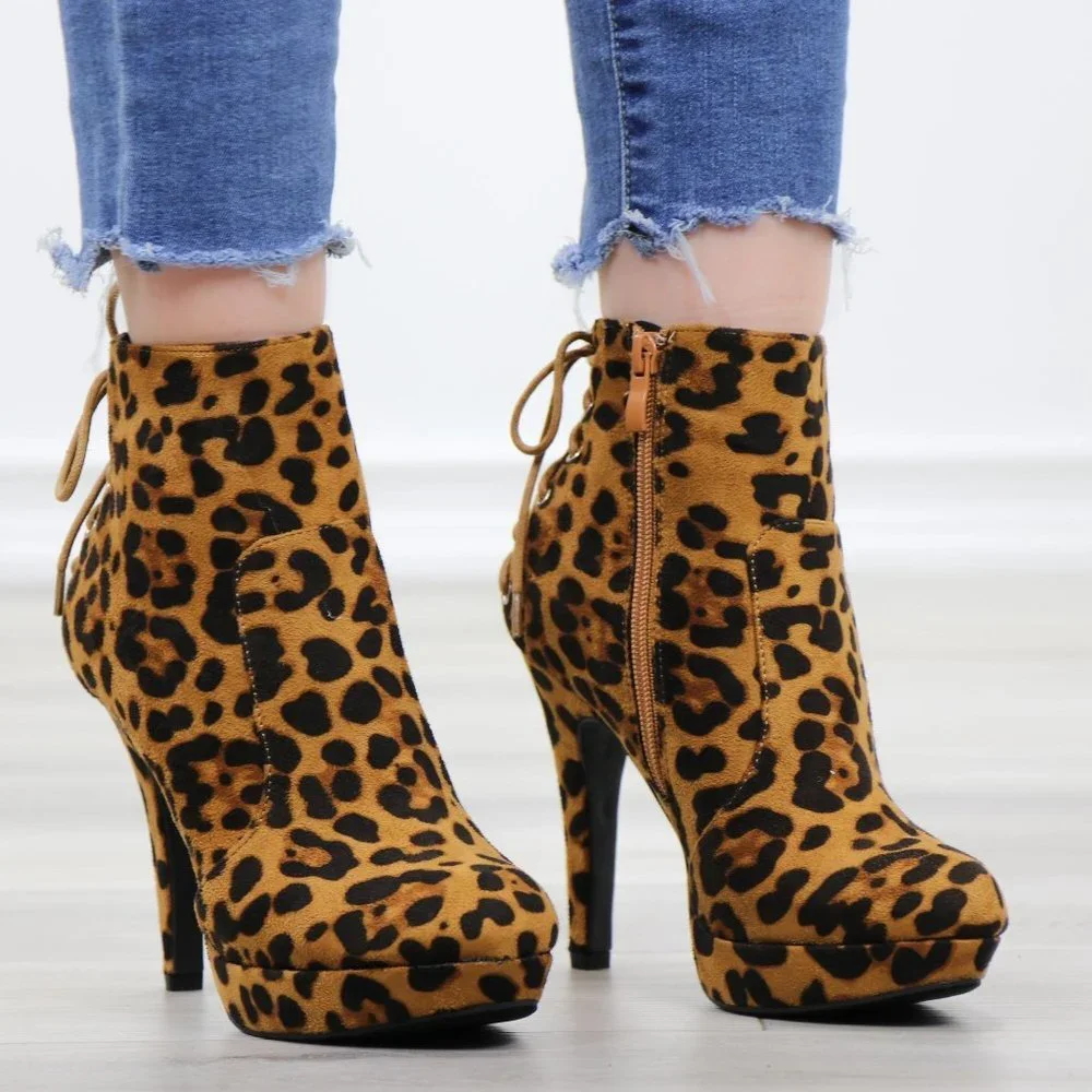 Leopard Back Lace Suede Heeled Ankle platform Booties - Picture 3 of 12